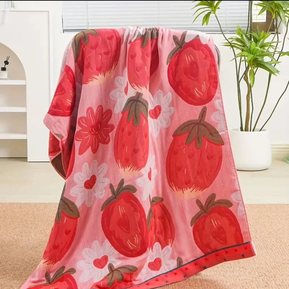 Strawberry Print Pink Towell Cotton Gauze 4 Layers Quick Dry